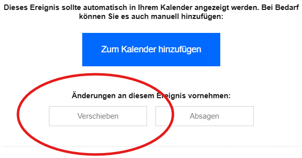Ausschnitt aus der Bestätigungs-Mail: Der Button Verschieben ist rot eingekreist